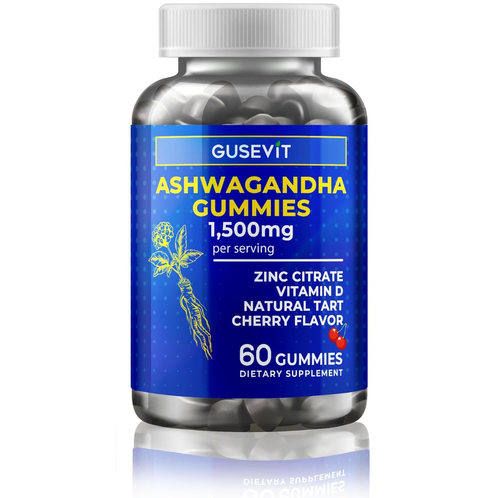 Ashwagandha Gummies 1,500mg with Vitamin D & Zinc | Vegan Ashwaghandha Supplement for Mood & Immune Support, Focus & Relaxation | Gluten-Free, Non-GMO | Cherry Flavor, 60 Ct