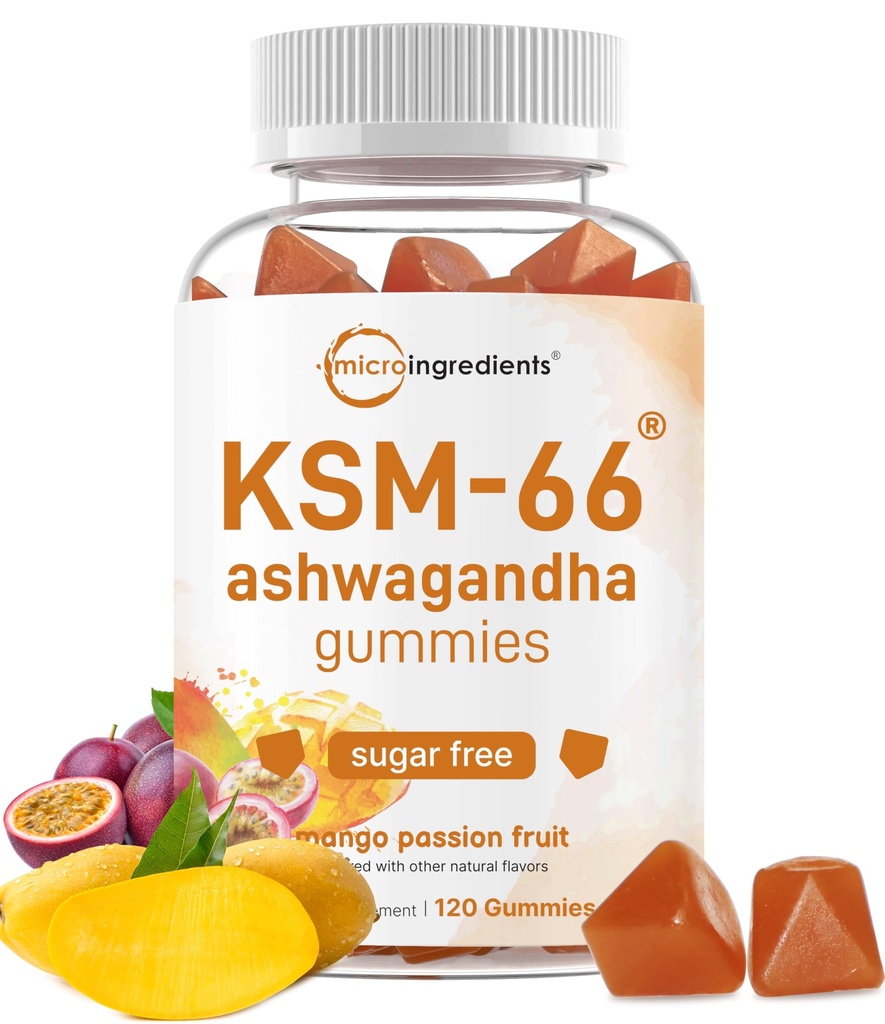 Micro Ingredients KSM-66 Ashwagandha Gummies, 120 Count | Sugar Free Mango Passion Fruit Flavor | Potent Root Extract | Stress, Relaxation, & Sleep Support* | Non-GMO