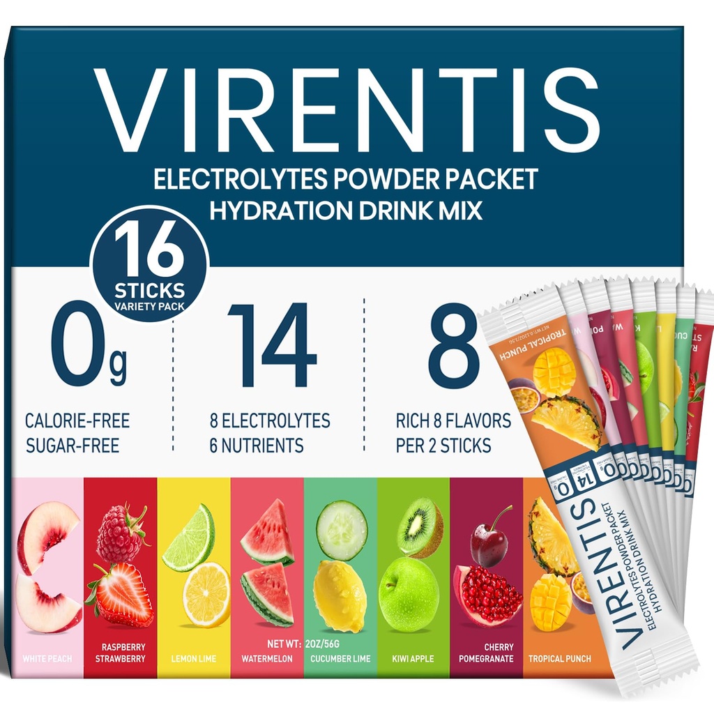16 Sticks Electrolytes Powder Packets Sugar Free Hydration Packets, 8 Flavors Liquid Daily IV Electrolyte Drink Mix for Rehydration with 8 Electrolytes & 6 Vitamins, 0 Calorie, Low Sodium