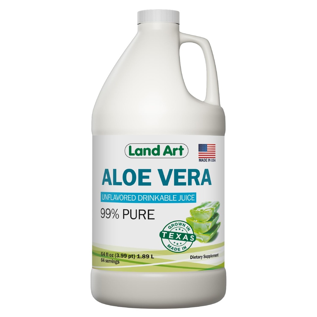 Land Art - Pure Aloe Vera Juice Unflavored - Cold- Forarbejdet - 99,7% Organic Aloe Vera Inner Fillet fra Friske Texas blade - fordøjelsessygdomme, Detox og naturlige wellness - 64 fl oz