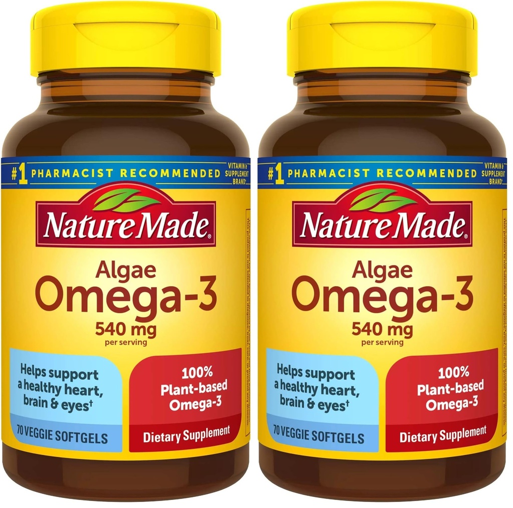 Nature Made Algae Oil Omega 3 Supplement 540mg, Omega 3 Fish Oil Alternative, 70 Veggie Softgels, Sustainable, Plant-Based, for Healthy Heart, Brain, and Eye Support, 70 Softgels,(Pack of 2)