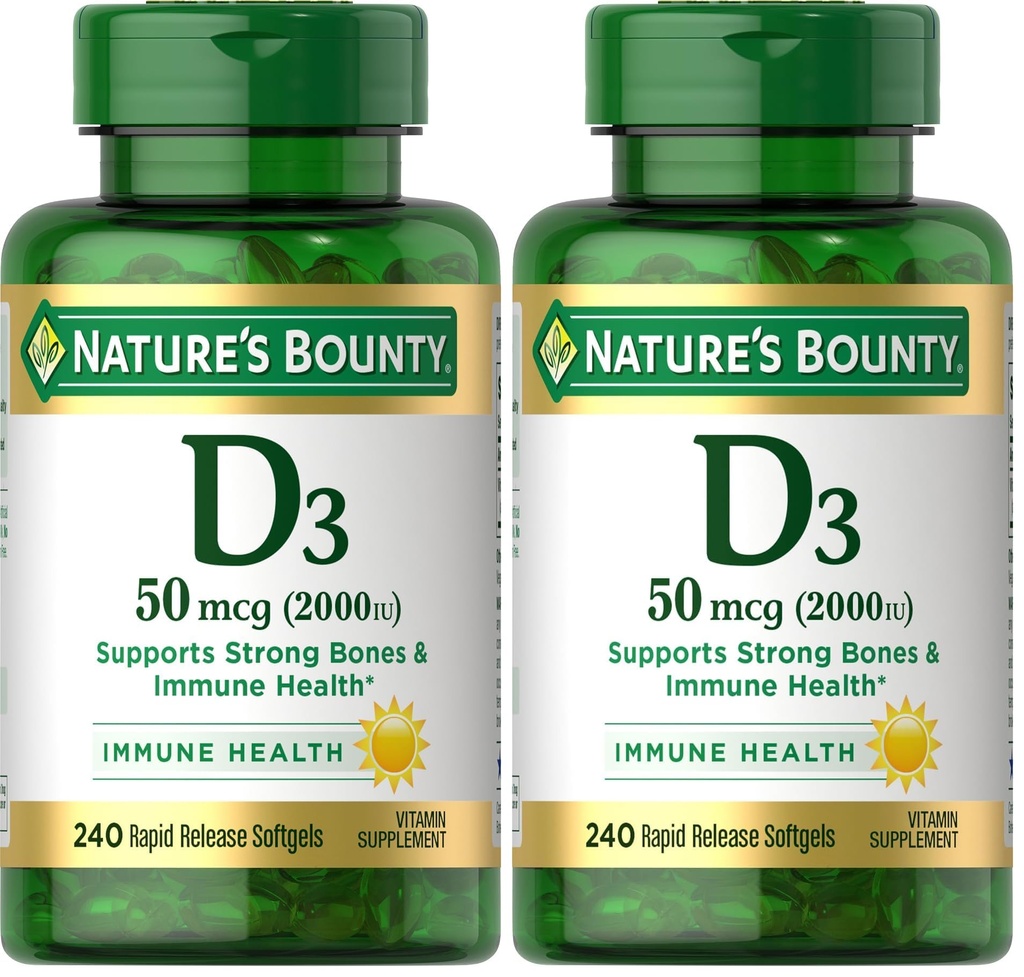 Nature's Bounty Vitamin D3 2000 IU, Immune and Bone Support, Vitamin Supplement, 1 Per Day, 240 Rapid Release Softgels (Pack of 2)