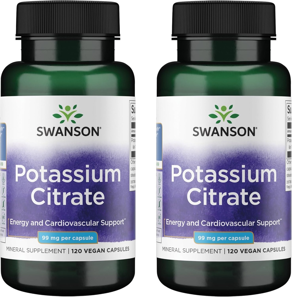 Swanson Potassium Citrate - Mineral Supplement Promoting Heart Health & Energy Support - Aids Optimal Nerve & Kidney Function with Natural Ingredients - (120 Capsules, 99mg Each) (2 Pack)