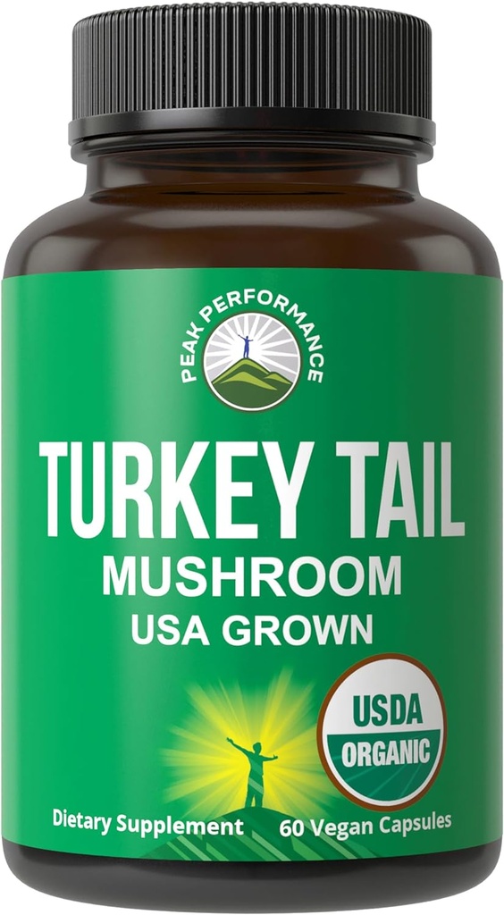 Peak Performance Organic Turkey Tail Capsules - USA Grown Made with Real Turkey Tail Mushroom. Immunsystemet støtte naturligt Høstede Mushroom Kosttilskud til immunitet. Vegansk supplement-ekstrakt