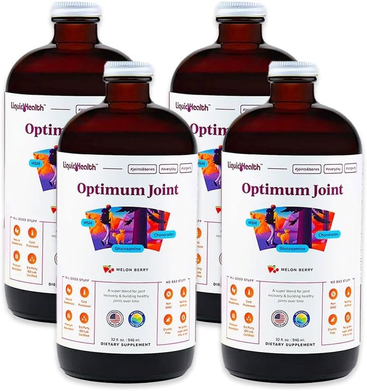LIQUIDHealth Optimum Fælles Support Flydende Multivitamin med Glucosamin, Chondroitin, MSM, Hyaluronsyre - Forøg mobilitet, Joint Comfort, til løbere og atleter - Made in USA, Vegan (4 Pack)