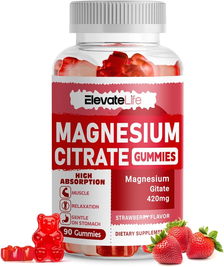 Magnesium Glycinat Gummies 1000mg - Sugar Free Magnesium Kalium Supplement med D-vitamin, B6, CoQ10 for Calm Mood & Sleep Support - 60 Jordbær Gummies