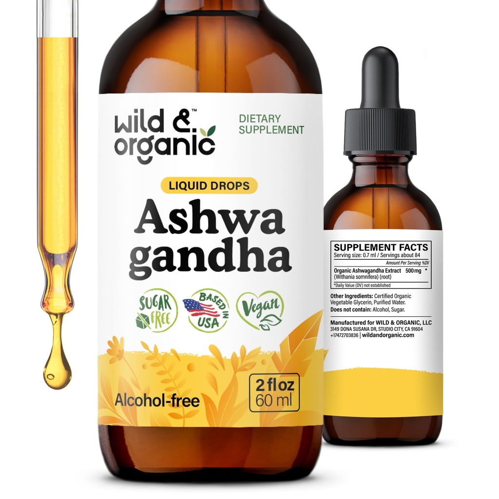 Wild & Organic Ashwagandha Liquid Drops - Calming Ashwagandha Root Extract til afslapning - 1 -Måned Supply - Urtetilskud til kvinder og mænd - Vegansk, Sukker & Alkohol- Gratis tinktur - 2 fl oz