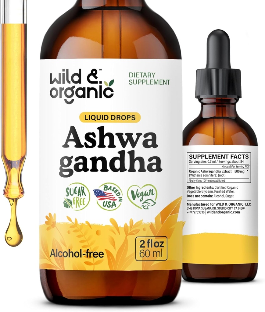Wild & Organic Ashwagandha Liquid Drops - Calming Ashwagandha Root Extract til afslapning - 1 -Måned Supply - Urtetilskud til kvinder og mænd - Vegansk, Sukker & Alkohol- Gratis tinktur - 2 fl oz
