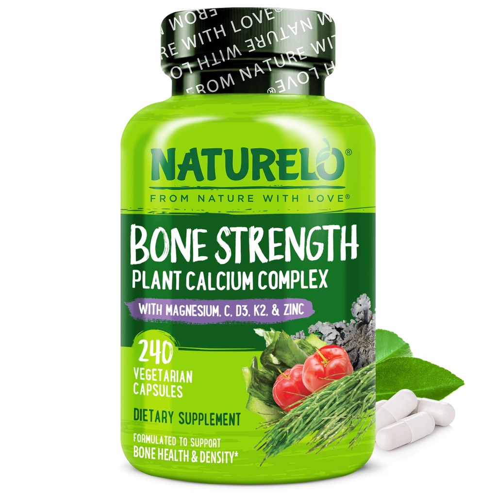 NATURELO Calciumtilskud - med vitamin C, vitamin D3, K2, og Calcium Magnesium Zink til bone Styrke med Calcium 600mg - Plantbaseret, 240 Vegetarkapsler, Non- GMO, Soy & Gluten- Free