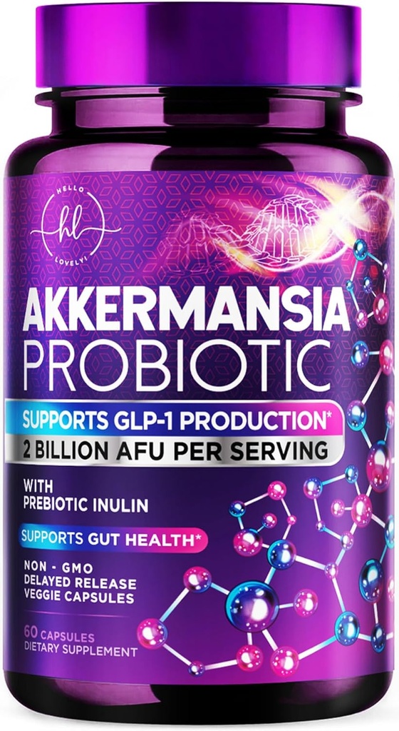 Akkermansia Muciniphila Probiotic Supplement - 2 Millioner AFU Live Strain Probiotika til mænd og kvinder - Understøtter Intestinal fordøjelse & Gut sundhed - Forsinket udgivelse, Natural GLP-1 Support - 60 kapsler
