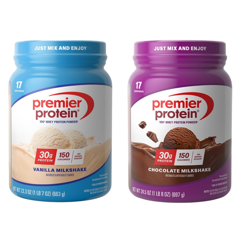 Bundle of Premier Protein 100% Whey Powder Tubs, Chokolade Milkshake + Vanilla Milkshake