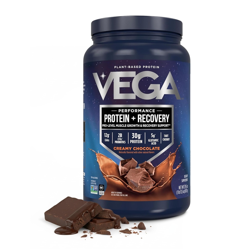 Vega Sport Vegan Protein Powder + Inddrivelse - 30g Plant Based Protein per servering, Chokolade, 19 Servering, 5g BCAA, Probiotika, NSF Certified, For Shakes & Smoothies, 1.8lbs (Packaging May Vary)