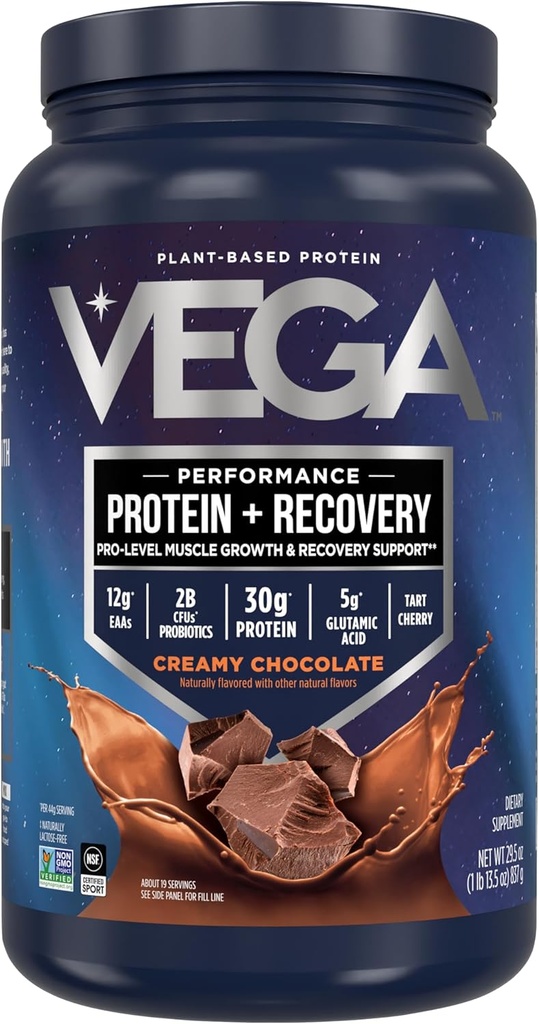 Vega Sport Vegan Protein Powder + Inddrivelse - 30g Plant Based Protein per servering, Chokolade, 19 Servering, 5g BCAA, Probiotika, NSF Certified, For Shakes & Smoothies, 1.8lbs (Packaging May Vary)