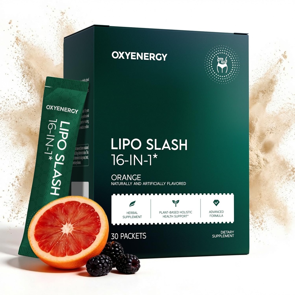 OxyEnergy LIPO Slash 16- in-1 Natural Weight Loss Supplement for kvinder og mænd, understøtter Gut Health, GLP-1 Activate & Weight Management, Vegan, Gluten- Free, Non- GMO, 30 Pakker, Orange Flavor
