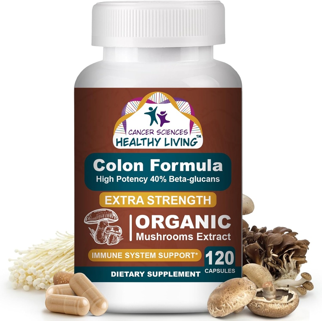 Cancer Sciences Colon Wellness Supplement, USDA Certified Organic Mushrooms Extract, Extra Strength 1.500 mg, High Potency 40% Beta- glucans, immunforsvar, Gut & fordøjelsesbesvær, Colon Cleanse & Detox, 120 Caps