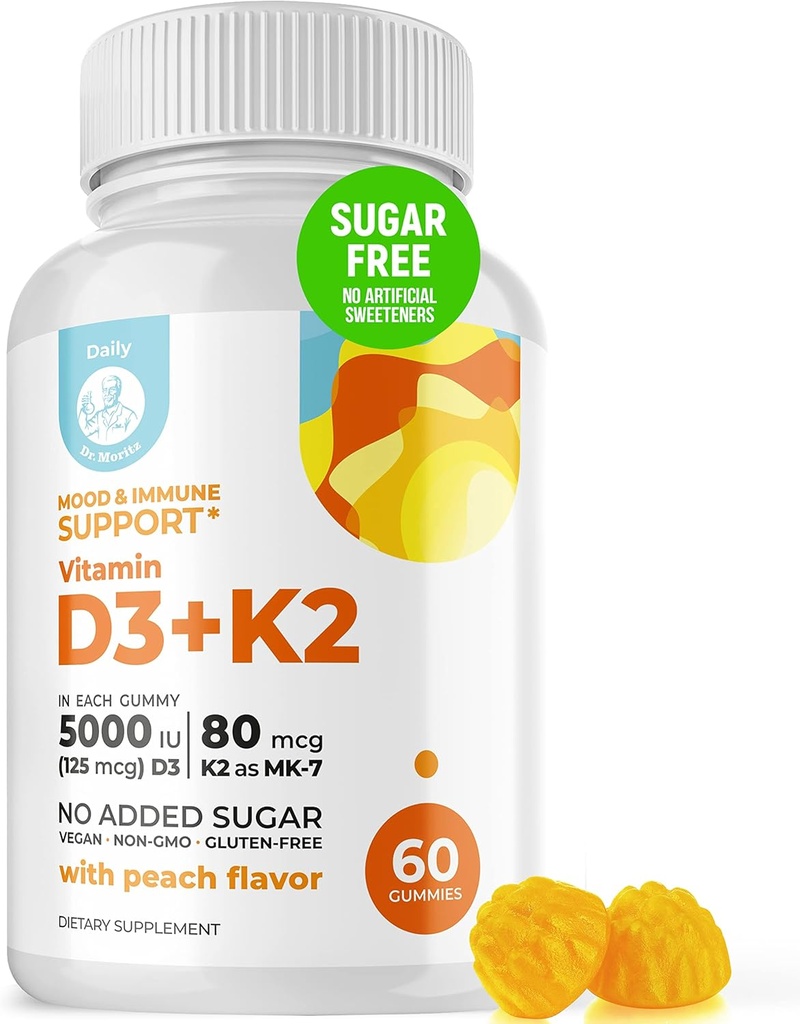 DR. MORITZ D3- vitamin Gummies (5000 IE) med K2 - for voksne og børn - D3- vitamin K2 Gummies for immunsupport & benesundhed - Vegan, Sugar Free, Gluten Free (60 Greve)
