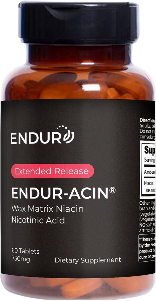Endurance Products ENDUR- ACIN, Extended Release Niacin for Optimal Absorption & Flush Free Niacin, Premium Vitamin B3 Niacin Kosttilskud, 750mg, 60 tabletter