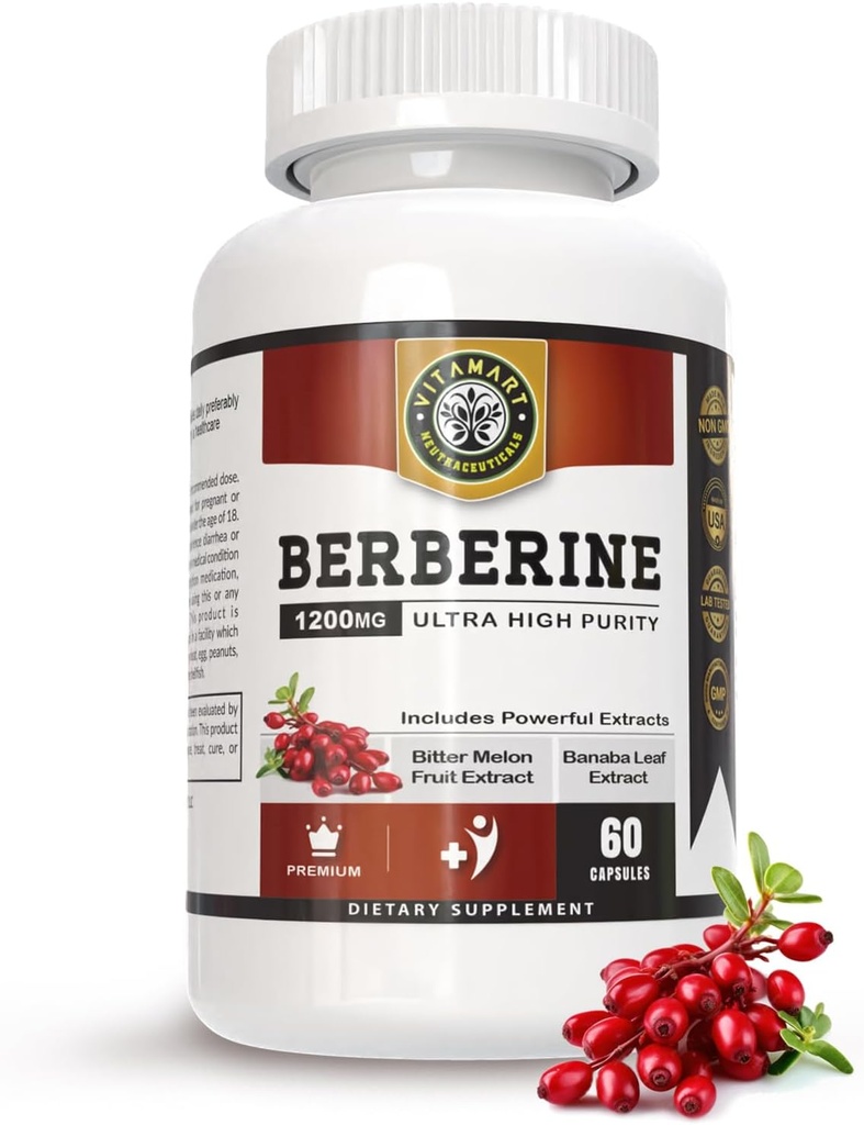 Berberine HCL 1200mg Premium, Ultra High Renhed, Pure 60 Kapsler - Berberine supplement, Understøtter immunsystem, Berberine Plus forstærket med Bitter Melon Fruit & Banaba Leaf Extract