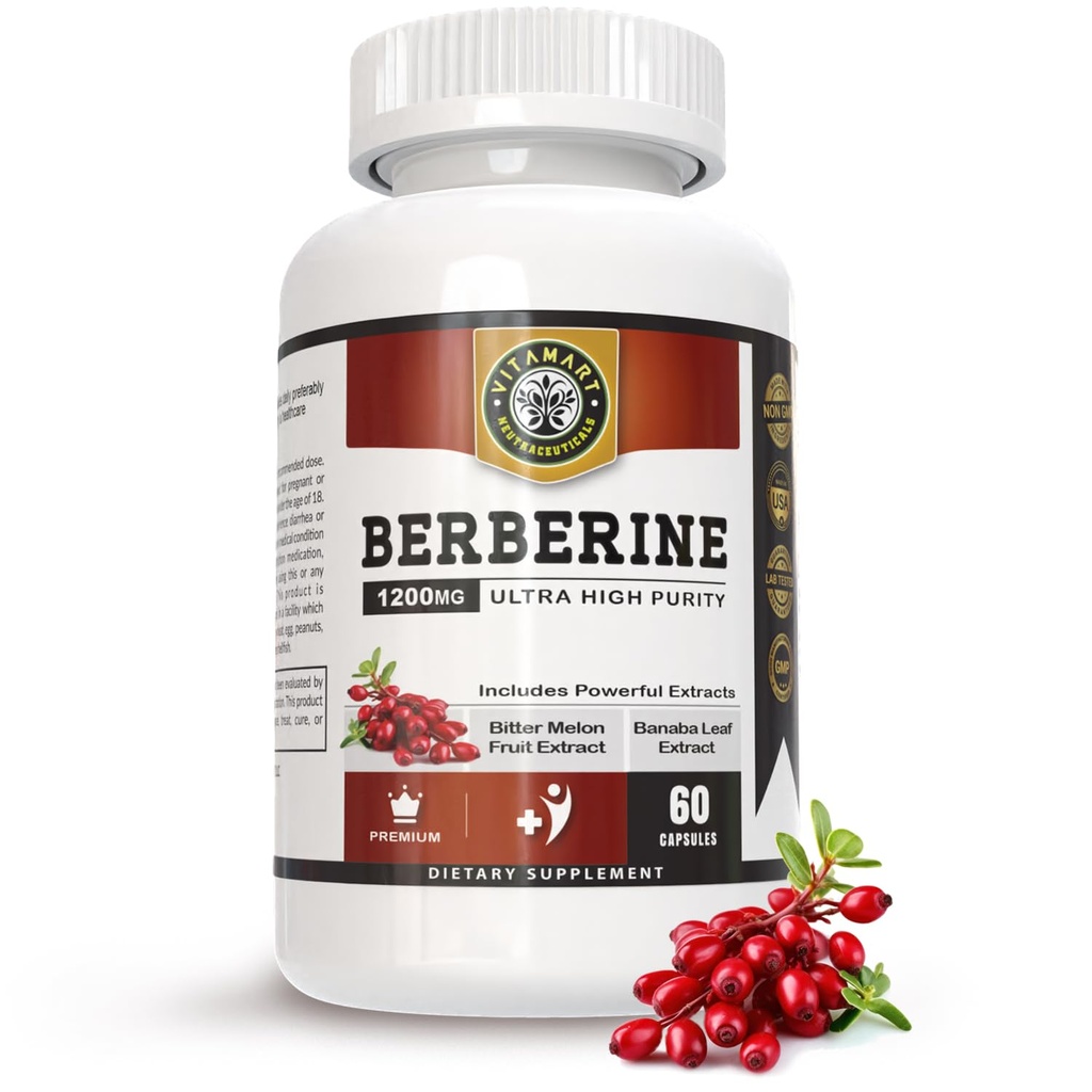 Berberine HCL 1200mg Premium, Ultra High Renhed, Pure 60 Kapsler - Berberine supplement, Understøtter immunsystem, Berberine Plus forstærket med Bitter Melon Fruit & Banaba Leaf Extract