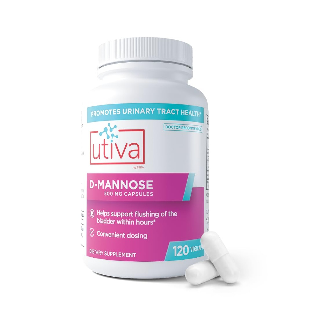 Szio + Utiva D- Mannose 500mg kapsler - naturligvis Flush Blogen og Urinary Tract - UTI Avoidance - D Mannose Kosttilskud til kvinder - Understøtter Urinary Tract Infektion behandlinger, 120 Kapsler