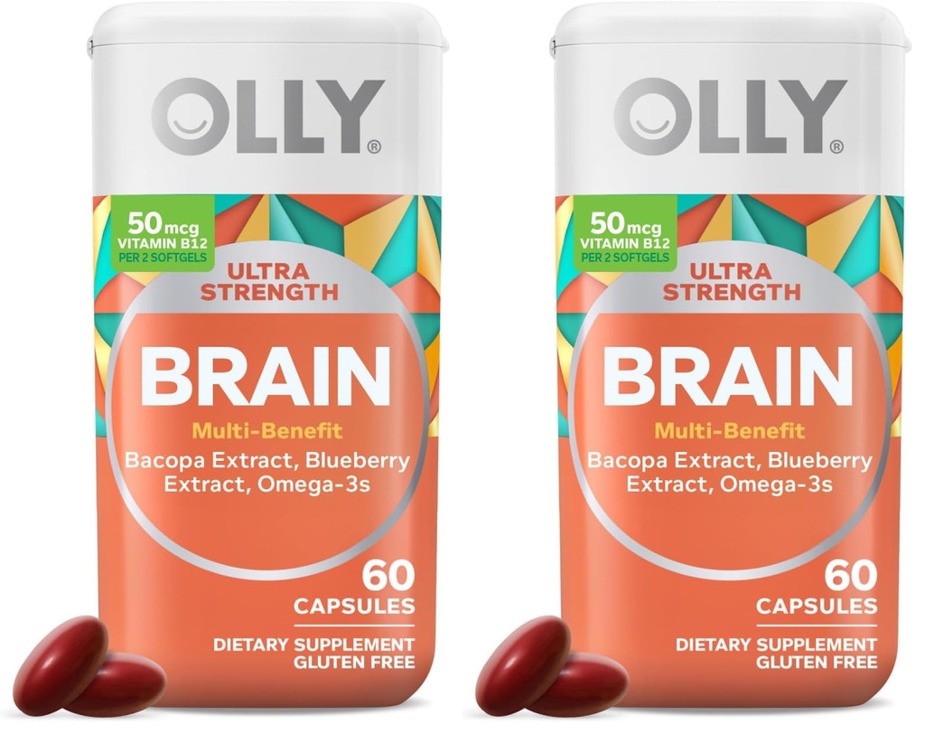 OLLY Ultra Strength Brain Softgels, Nootropic, Supports Healthy Brain Function, Memory, Focus and Concentration, Omega-3s, Vitamins B6 and B12, 30 Day Supply - 60 Count (Pack of 2)