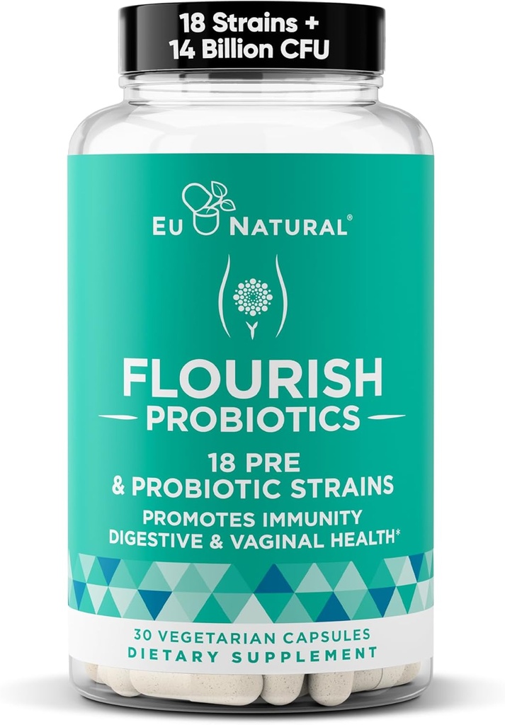 Flourish Probiotika + Prebiotika til kvinder - Gut og fordøjelse, Urinære Tract, Reducere bloating, Vaginal Sundhed - 18 Klinisk Proventtog, 14 Millioner CFU - 30 Shelf- Stable Mini Vegan Kapsler