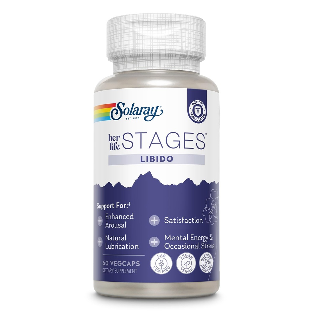 SOLARAY Libido hendes livsstadier - Understøtter naturlig smøring og Libido stigning for kvinder - Shatavari, Bukkehorn, Organic Ashwagandha kapsler - Made without Hormones - 30 Servere, 60 VegCaps