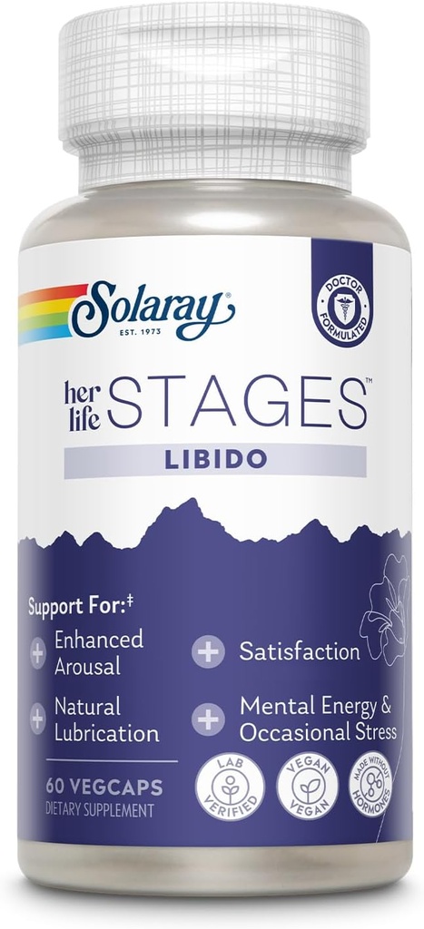 SOLARAY Libido hendes livsstadier - Understøtter naturlig smøring og Libido stigning for kvinder - Shatavari, Bukkehorn, Organic Ashwagandha kapsler - Made without Hormones - 30 Servere, 60 VegCaps