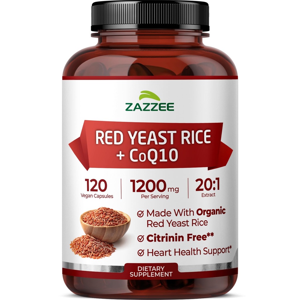 Extra Strength Red Gær Rice med CoQ10 - 20X Koncentreret 1200mg Red Gær Rice Supplement med Niacin CoQ 10 og BioPerine for Enhanced Absorption - Non- GMO Vegan & ISO Lab Testet (75 Serveringer)