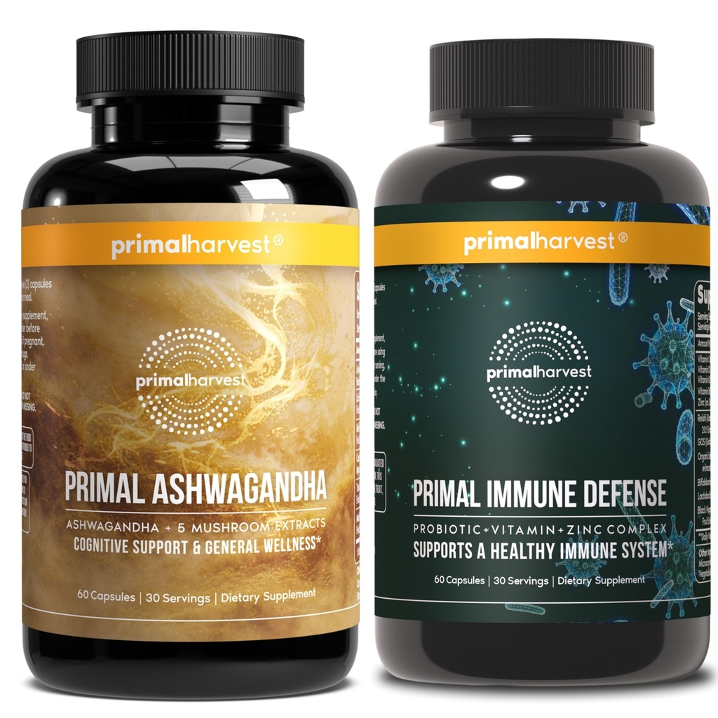 Primal Harvest Daily Two-Step Routine | Ashwagandha + Immune Defense | 2 Pack | 30 Day Supply
