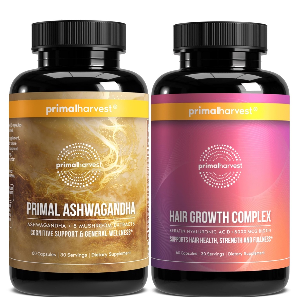 Primal Harvest Daily Two-Step Routine | Ashwagandha + Hair | 2 Pack | 30 Day Supply