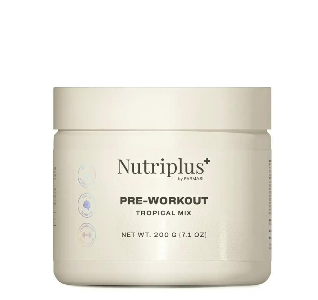 FARMASi Nutriplus+ Pre Workout Powder Energy & Muscle Support Workout Tropical Mix for Focus Strength Training Fitness 200g / 7.05oz