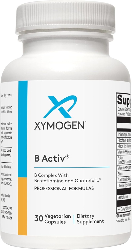 Xymogen vitamin B Complex - B Activ - Aktiveret B Vitamin med Benfotiamin og Quatrefolin - Support Adrenal og immunfunktion + A Sund kardiovaskulær og Nervesystemet (30 kapsler)