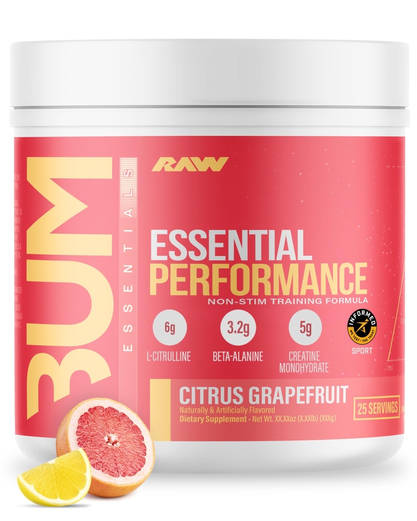 RAW Essential Performance Non-Stim Pre-Workout Powder - Preworkout for Endurance Strength & Focus without Caffeine or Stimulants - Creatine Monohydrate, L-Citrulline & Beta Alanine - Citrus Grapefruit