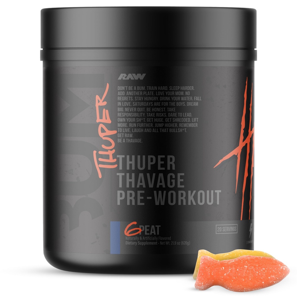 RAW Thuper Thavage Pre Workout Powder - High-Stim Preworkout with Creatine, Beta Alanine, L-Citrulline & Caffeine - Chris Bumstead Gym & Fitness Supplement for Men & Women - 6 Peat (Red Gummy)