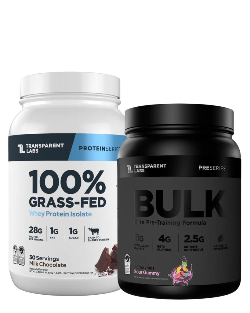 Transparent Labs Bulk Black Pre-Workout (30 Servings, Sour Gummy) & Grass-Fed Whey Protein Isolate (30 Servings, Milk Chocolate)