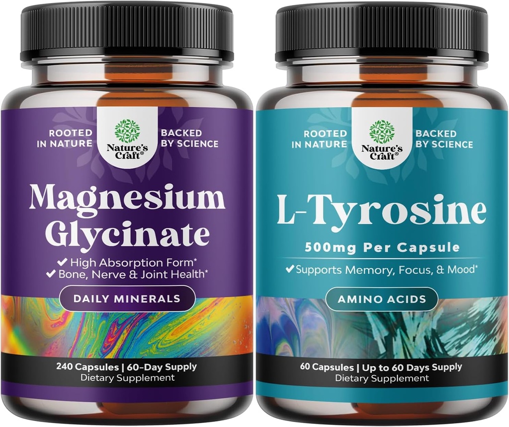 Bundle of High Absorption Magnesium Glycinate Kapsler til Calming Sleep Plus Muscle Bone & Nerve Support and Free Form L Tyrosine 500mg Kapsler til Mental Energy and Focus Support