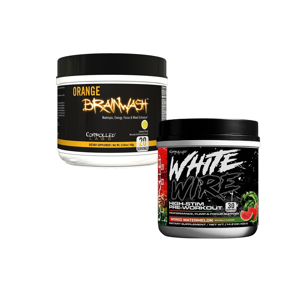 CONTROLLED LABS White Wire Pre-Workout Watermelon with Creatine & Citrulline (30 Servings) + Orange Brainwash Nootropic Lemon Frost (20 Servings) – Energy, Focus & Endurance Bundle