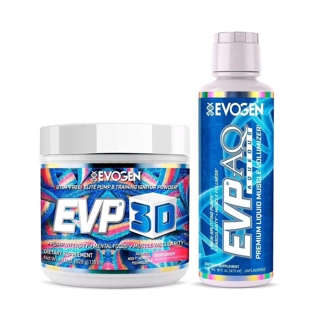 Evogen EVP 3D + EVP AQ Bundle | Stim Free Pre Workout Powder & Liquid Glycerol Volumizer for Men & Women | Beta Alanine, Creatine, Nitric Oxide & Hydration Formula | Sour Candy + Unflavored