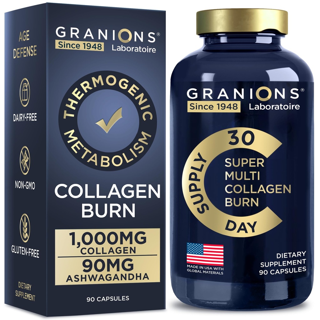 Granioner Termogen Hydrolyseret Collagen Burn - Hyaluronsyre, C-vitamin - Cellulite Defense og dermal reparation Multi Collagen Peptider kapsler til kvinder og mænd - 90 piller