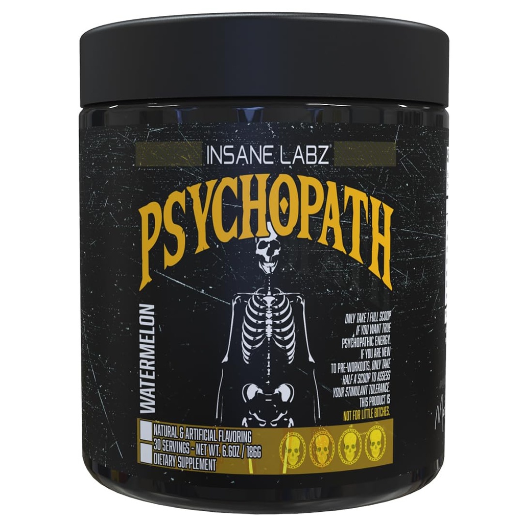 Psychopath, High Stimulant, Insane Energy, Focus and Endurance Preworkout Powder with Panax Ginseng, Rhodiola, Red Sage Root & Rauwolfia (30, Watermelon)