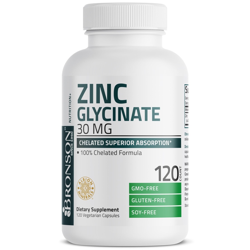 Bronson Zink Glycinat 30mg Chelated Superior Absorption 100% Chelated Formel Non- GMO, 120 Vegetariske Kapsler