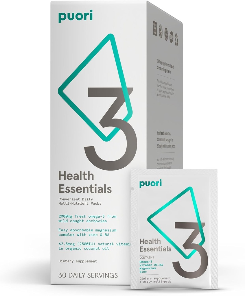 Puori P3 Health Essentials - Multivitaminer til mænd og kvinder - 30 Servering - Omega 3, D-vitamin, Magnesium, zink - Multi- Nutrient for hjerner og energi