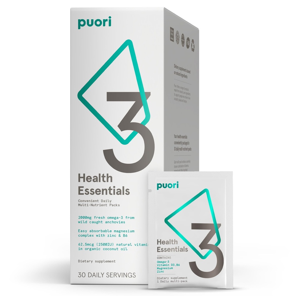 Puori P3 Health Essentials - Multivitaminer til mænd og kvinder - 30 Servering - Omega 3, D-vitamin, Magnesium, zink - Multi- Nutrient for hjerner og energi