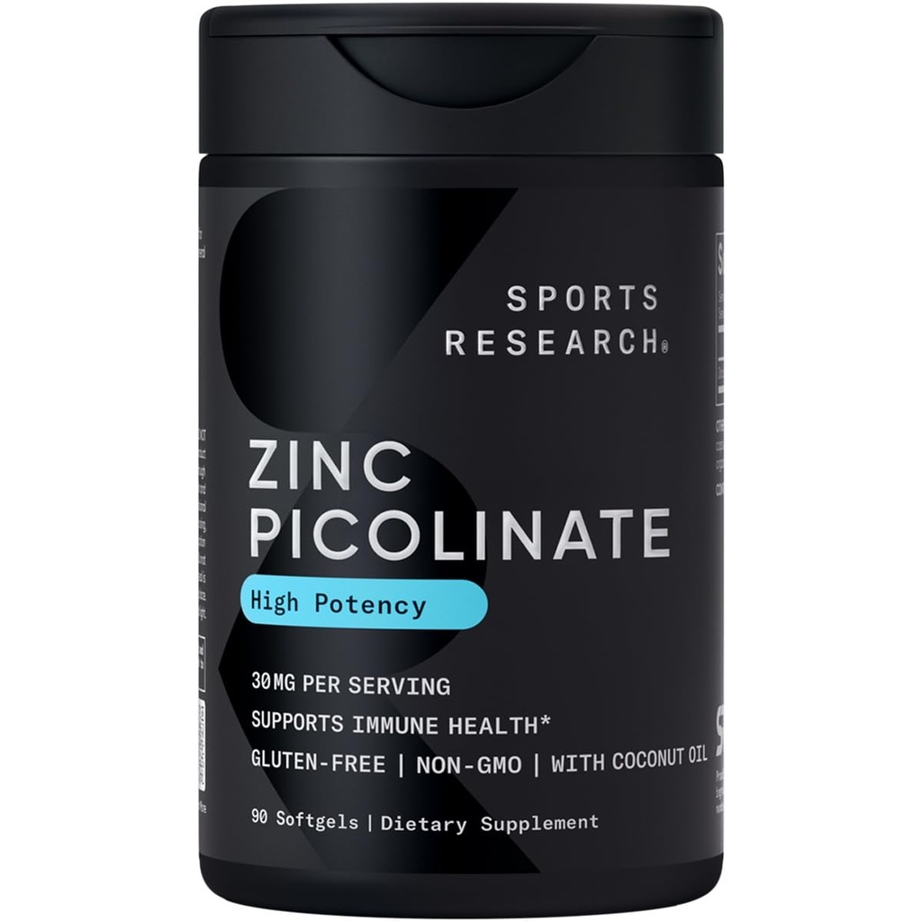 Sports Research High Potency Zink Picolinate 30mg med Organic Coconut Oil Budd124; Højt Absorberet Zink supplement til sund immun- og enzymfunktion - Non- GMO testet & gluten- fri (90 flydende bløddele)