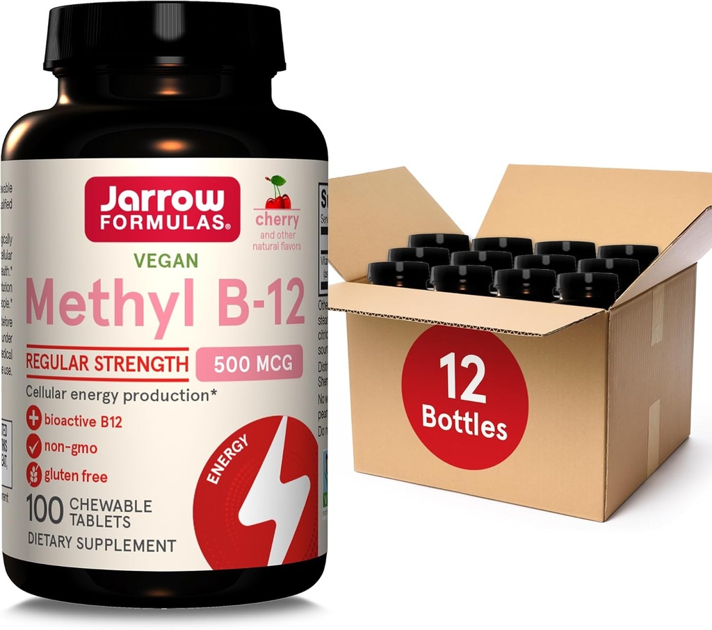 Jarrow Formulas Regelmæssig styrke Methyl B- 12 500mcg, Kosttilskud til Cellular Energy Production and Brain Health Support, 100 Cherry- Flavored Chewable Tablets, 100 Day Supply, Pack of 12
