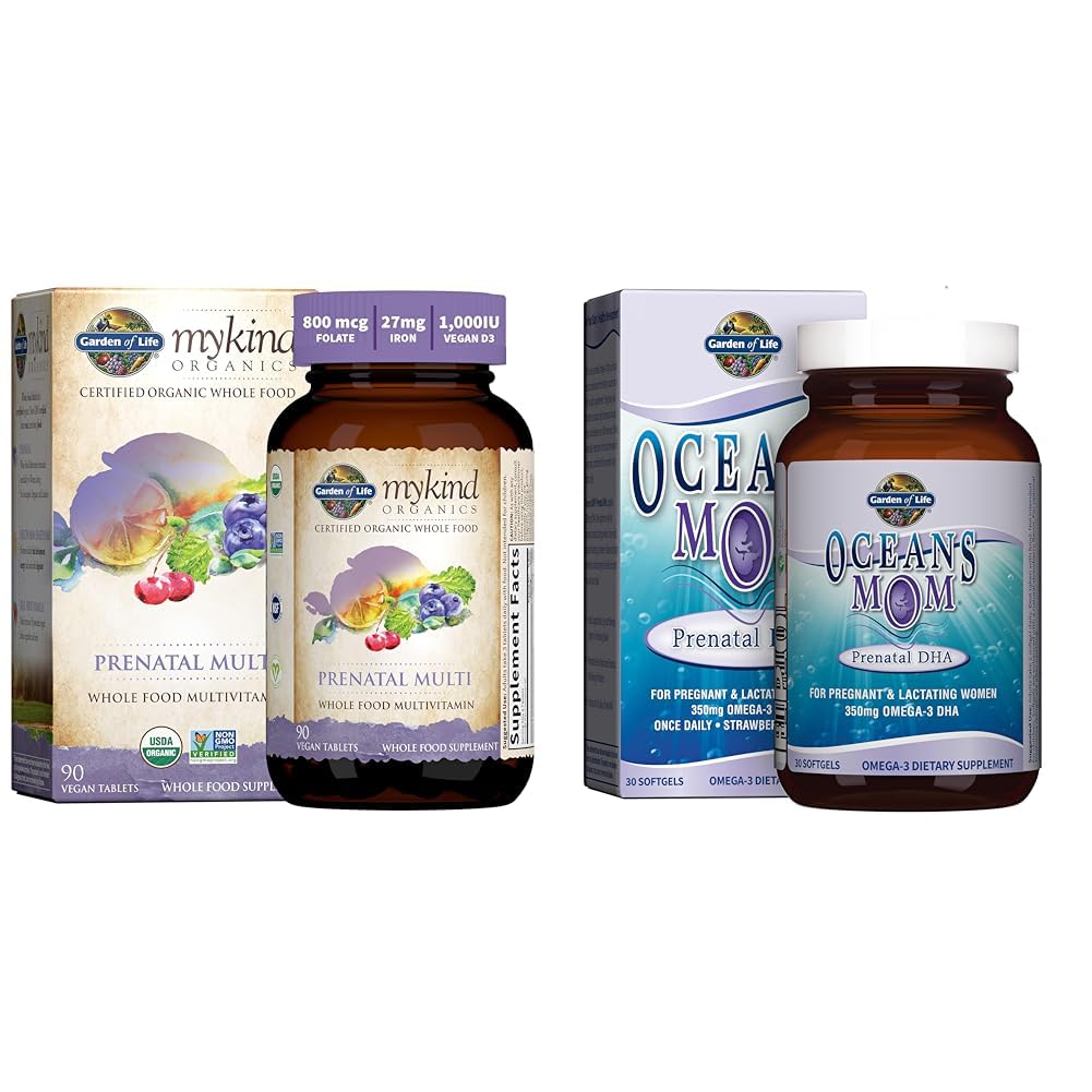 Garden of Life Women’s Prenatal Multivitamin with Vitamin D3, B6, B12, C & Iron, Folate for Energy & Oceans Mom Prenatal Fish Oil DHA, Omega 3 Fish Oil Supplement - Strawberry, 350mg