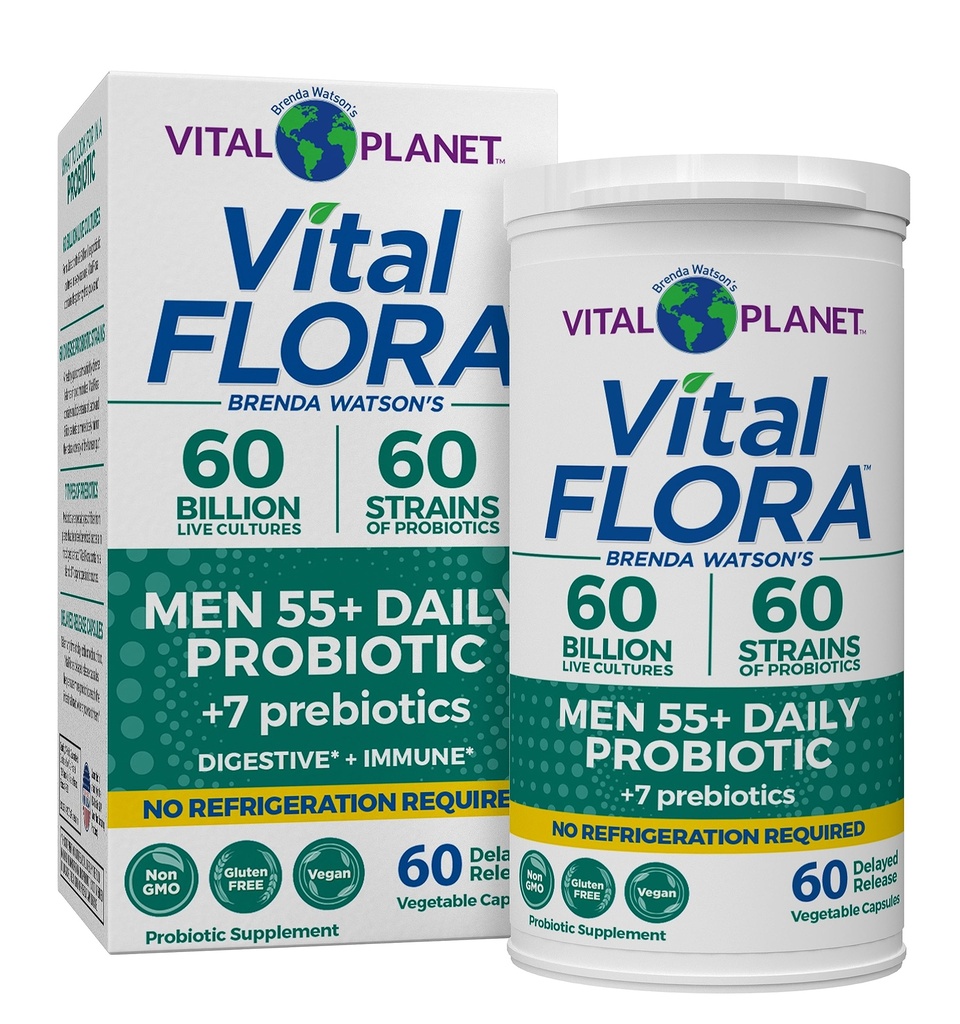 Vital Planet - Vital Flora Mænd Over 55 Daglige Probiotika, 60 Millioner CFU, Diverse Strops, Organic Prebiotics, Immunsupport, fordøjelsessygdomme Hylde Stabil Probiotika til mænd, 60 Kapsler