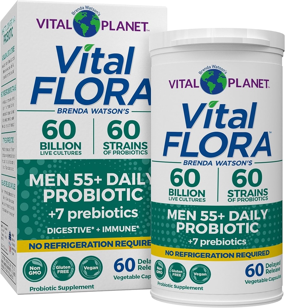 Vital Planet - Vital Flora Mænd Over 55 Daglige Probiotika, 60 Millioner CFU, Diverse Strops, Organic Prebiotics, Immunsupport, fordøjelsessygdomme Hylde Stabil Probiotika til mænd, 60 Kapsler
