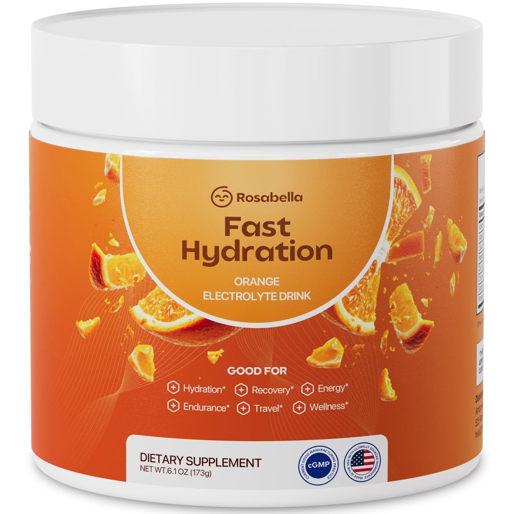 Rosabella Electrolyte Drink Powder – Orange – Zero Sugar Hydration Supplement – Electrolytes with Sodium, Potassium, Magnesium, Calcium – Sports Drink Alternative – 30 Servings (6.1 oz)